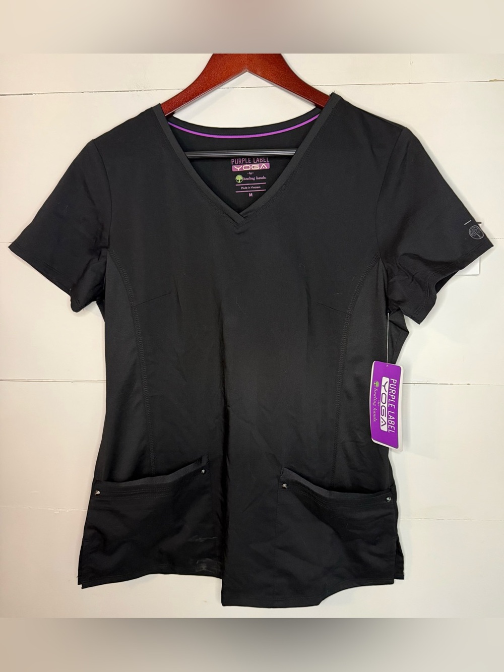 Healing Hands Purple Label Black V-Neck Short Sleeve Scrub Top Size M